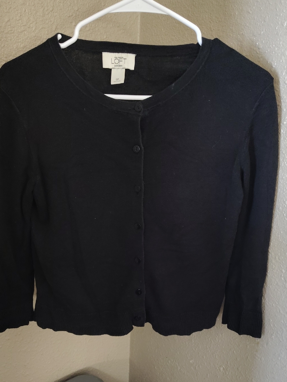 LOFT Black Crewneck Button-Front Cardigan